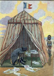 Escena de la historia de Francia en juguetes: Napoleón I Bonaparte (1769-1821) en descanso antes de la Batalla de Austerlitz el 2 de diciembre de 1815. Ilustración de Job (Jacques-Marie)