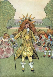 Escena de la historia de Francia en juguetes: Retrato del Rey de Francia Luis XIV (1638-1715) llamado el Rey Sol en los jardines de Versalles con su Corte haciendo reverencia.
