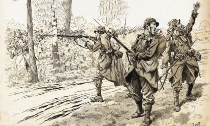 ¡Dispárenles! Soldados franceses de la guerra de 1914-1918 enviados en patrulla para reconocer la fuerza y ubicación exacta del enemigo. Habiendo encontrado a las tropas alemanas, dieron la orden de disparar sin preocuparse por quedar atrapados entre fueg