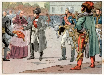 Los defensores de Viena entregan a Napoleón I Bonaparte (1769-1821) las llaves de la ciudad en presencia de Joachim Murat (1767-1815) el 14/11/1805. Grabado de Jacques Marie Gaston Onfray de Breville, conocido como Job (1858-1931)