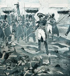 La guardia murió pero no respondió al General Cambronne (1770-1842) comandando el último cuadro de la Guardia mientras el enemigo pedía al ejército francés que se rindiera en la Batalla de Waterloo el 18 de junio de 1815. Ilustración de Job (Jacques Marie 