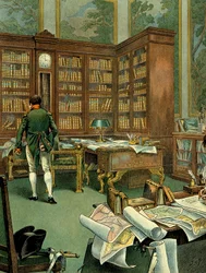 Gabinete de trabajo de Napoleón I Bonaparte (1769-1821) en el primer piso del Palais des Tuileries cuando era Primer Cónsul. Escritorio con biblioteca y reloj de madera. Ilustración de Jacques Marie Gaston Onfray de Breville, llamado JOB (1858-1931).