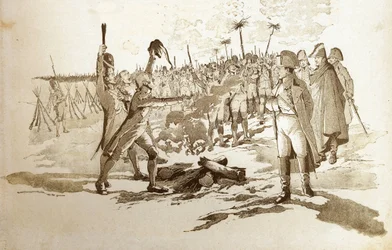 No necesitarás exponerte, te traeremos las banderas y cañones de un granadero antes de la batalla de Austerlitz cuando Napoleón I Bonaparte (1769-1821) visitó los bivouacs. Ilustración de Job (Jacques Marie Gaston Onfray y Breville)