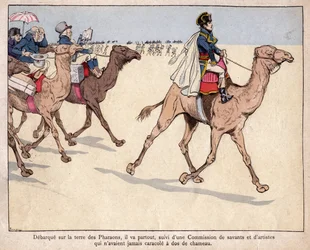 Napoleón desembarca en la tierra de los faraones - Napoleón en Egipto - Durante su campaña egipcia, está acompañado por sabios con quienes visita los sitios arqueológicos - litografía de Job