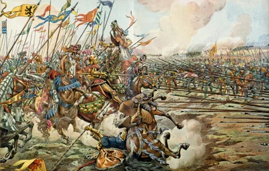 La batalla de Grandson entre los borgoñones y los suizos en Grandson, Suiza el 2 de marzo de 1476. Ilustración de Jacques Marie Gaston Onfray de Breville dit JOB