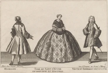 Redingote/Dama en Traje de Invierno con Manguito/Chaqueta y Adorno de Tela de Oro