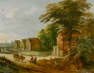 Viajeros pasando por un pueblo, finales del siglo XVI o principios del XVII