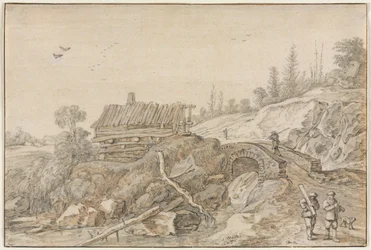 Paisaje montañoso con cabaña junto a un arroyo, 1627