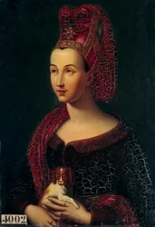 Retrato de Margarita de Flandes, duquesa de Borgoña (1350-1405) - Cabeza con liripión - Pintura de Vincent Nicolas Raverat (1801-1865) (ec.fr.) Siglo XIX Sol. 0,43x0,3 m