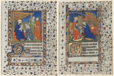 Bifolio de un Libro de Horas: Adoración de los Magos y Coronación de la Virgen